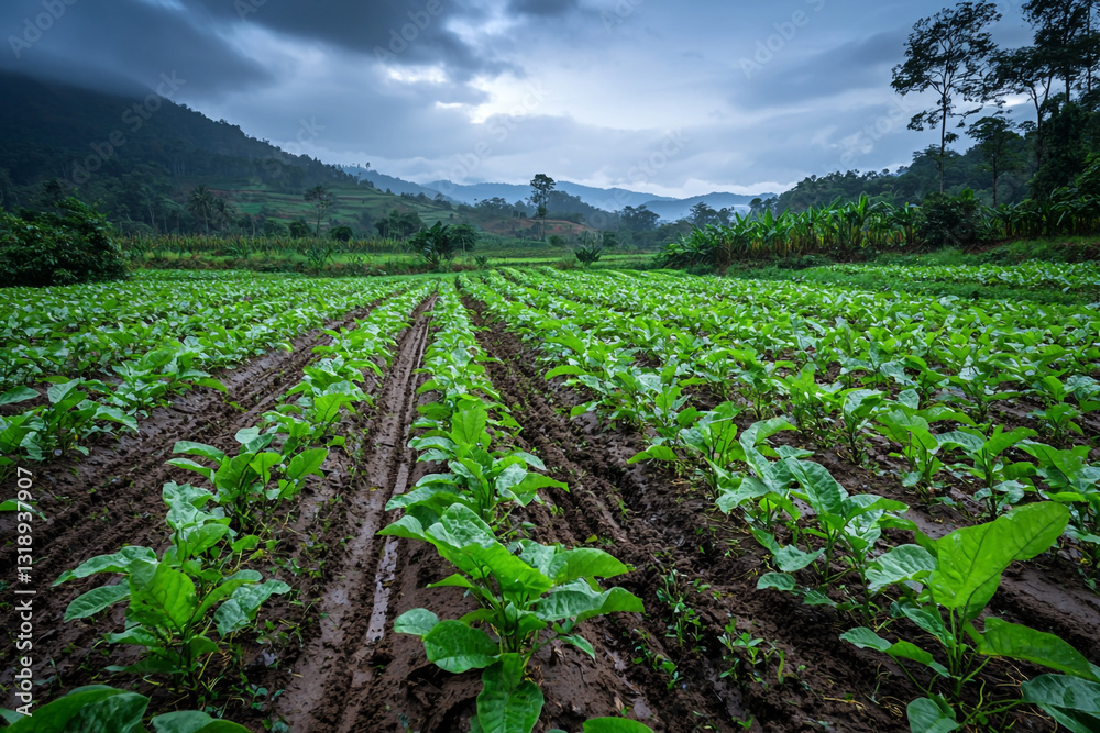 Obraz premium Lush green tobacco plantation rows in mountain valley landscape soil view on transparent background