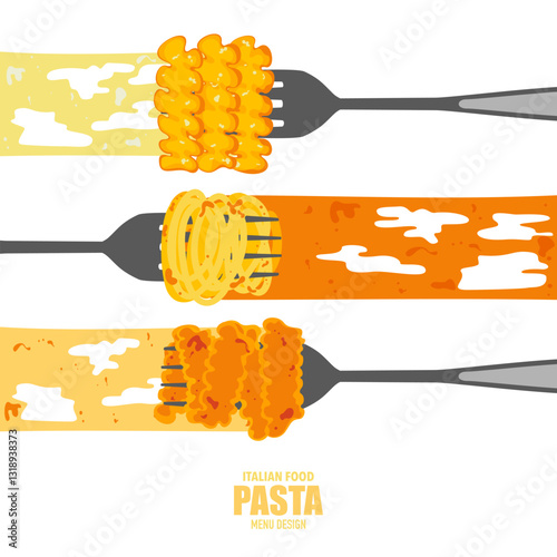 Delicious food vector illustration set. Italian food menu style with focus on different pasta. Pasta fork, fusilli pasta, spaghetti, rigatoni pasta with sauce for food design, poster and background.
