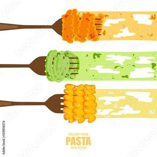 Delicious food vector illustration set. Italian food menu style with focus on different pasta. Pasta fork, fusilli pasta, spaghetti, rigatoni pasta with sauce for food design, poster and background.
