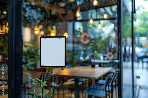 Vibrant Color Image of Sign Close Haning on Glass Door Front View Blur Restaurant Background