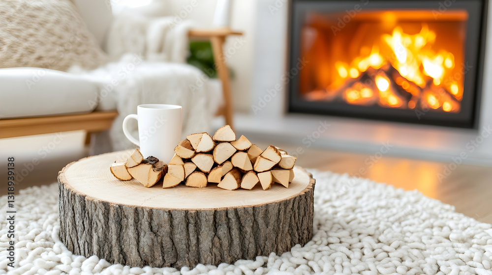 Cozy scene Fireplace glows, wood stack rests on round table atop plush rug in blurred, comfy living space Cozy scene Fireplace glows, wood stack rests on round table atop plush rug in blurred, comfy living space