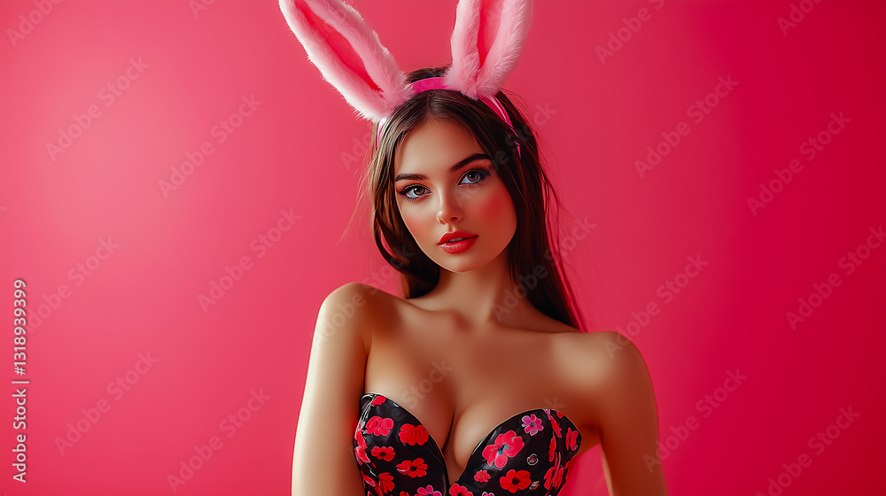 Girl with bunny ears isolated on pink background with empty space for text. Easter concept.