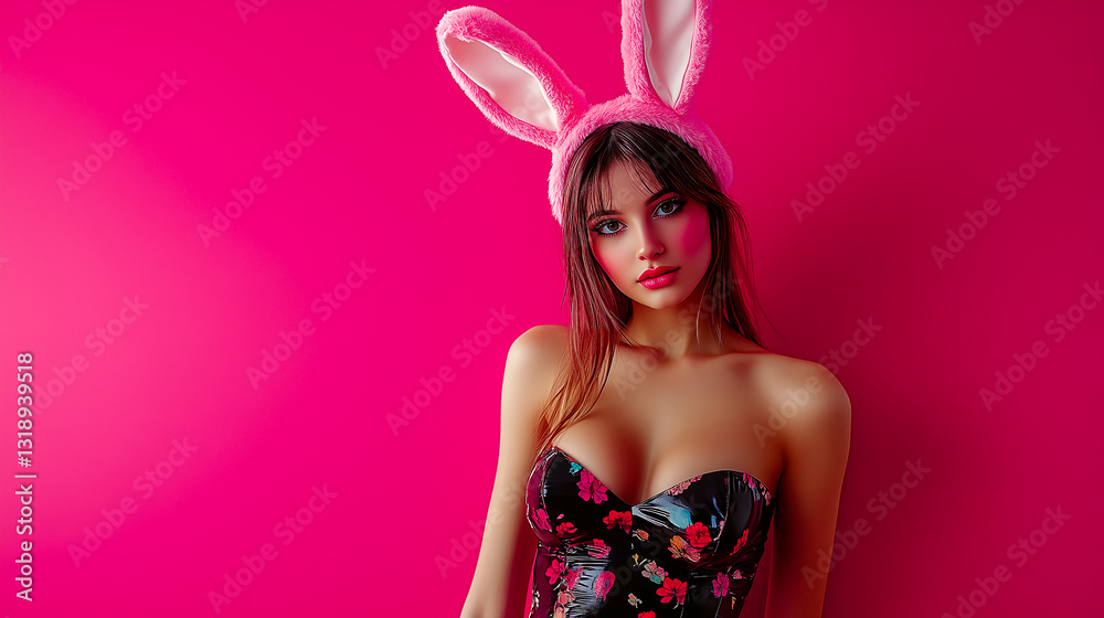 Girl with bunny ears isolated on pink background with empty space for text. Easter concept.