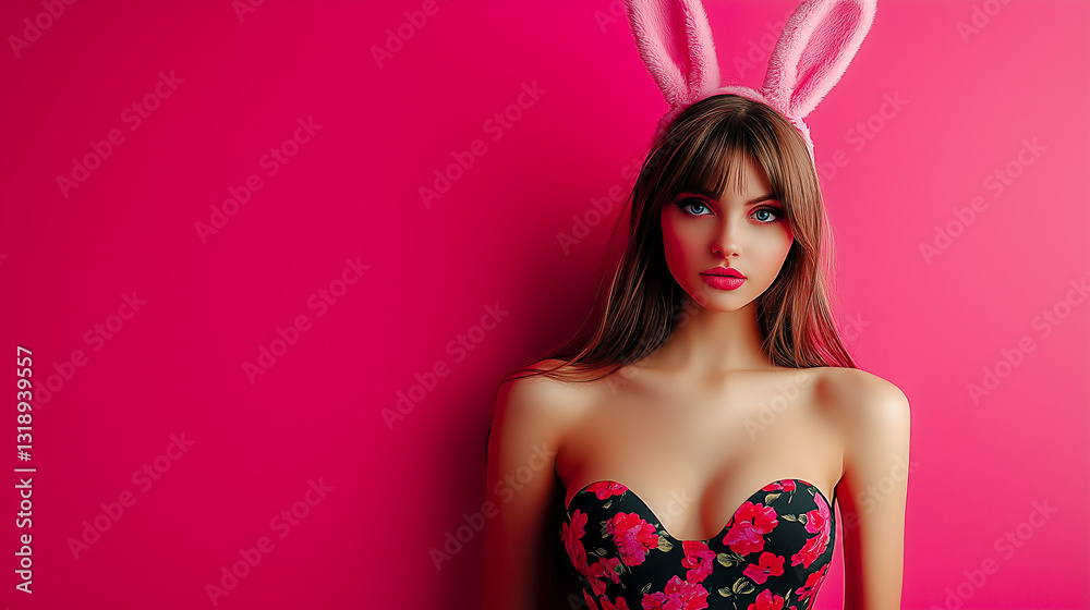 Girl with bunny ears isolated on pink background with empty space for text. Easter concept.