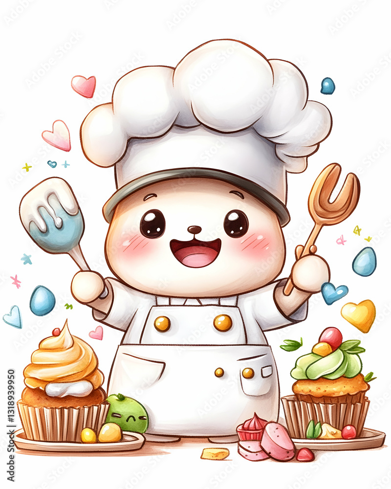 Naklejka premium Cute chef character holding cooking utensils, surrounded by cupcakes