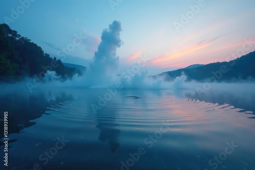 Swirling vortex of blue mist over a tranquil lake at dusk, serene landscape, water texture