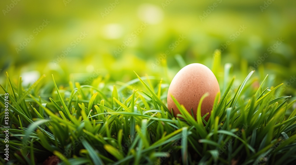 A brown egg nestled in lush green grass, bathed in soft sunlight, evoking a sense of natural beauty. A brown egg nestled in lush green grass, bathed in soft sunlight, evoking a sense of natural beauty.