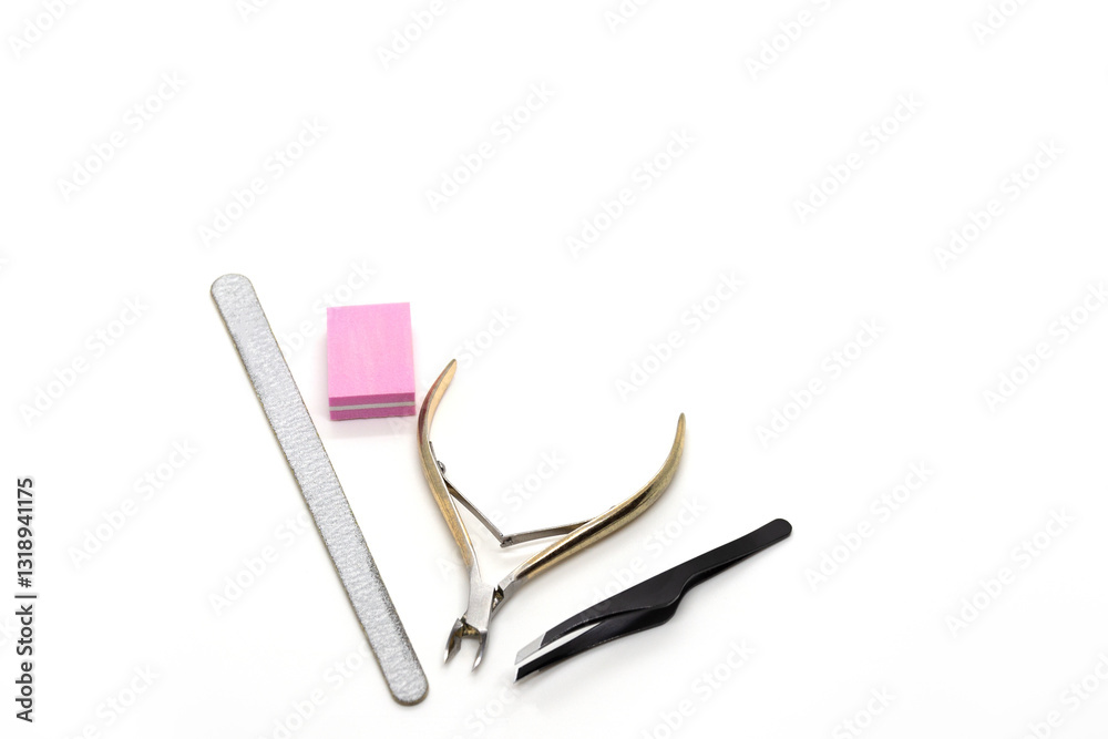 Nail tool kit on white background, manicure equipment Nail tool kit on white background, manicure equipment
