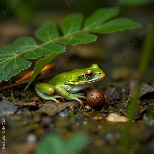 European green tree frog lurking for prey in natural environment