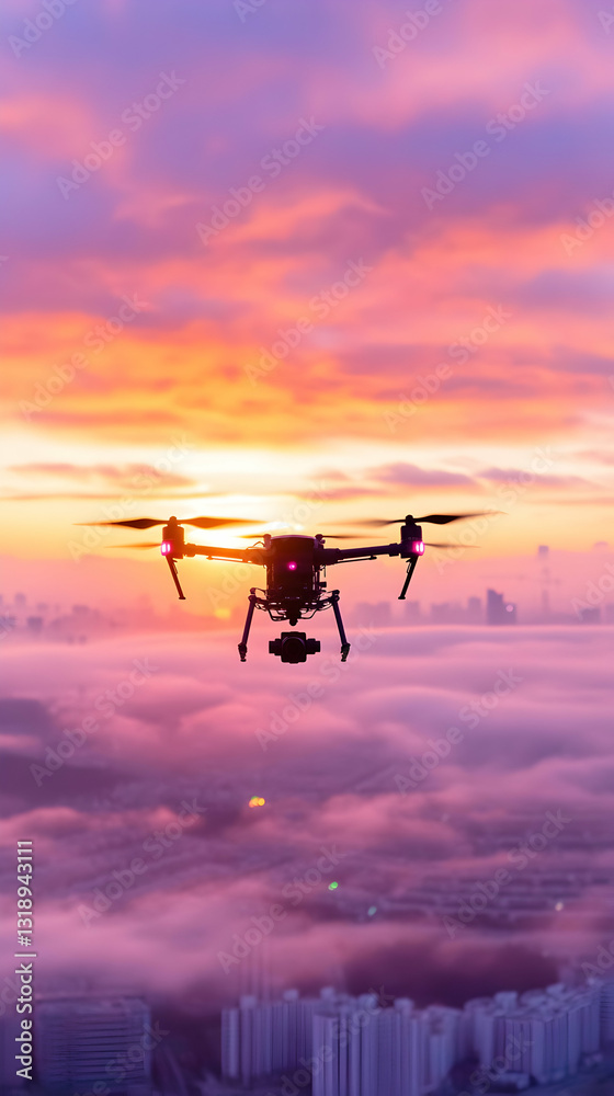 Drone soaring above city at sunrise through mist Drone soaring above city at sunrise through mist
