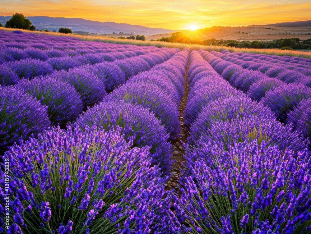 Fototapeta premium Enchanting lavender field at sunset with soft purple flowers illuminated by warm light
