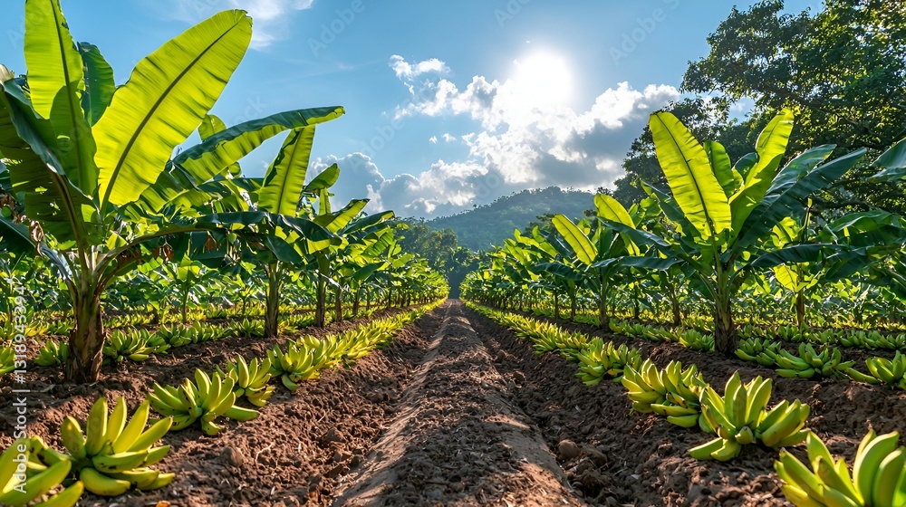 Lush banana plantation under bright sun, rows of green plants, tropical landscape, agricultural scene, potential use for food product ad or travel brochure