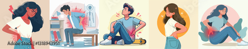 Vector of teenager having back pain with flat design style