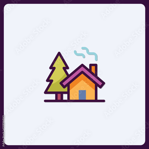 Illustration of a charming cottage next to a conifer tree emitting smoke