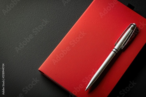 Premium Quality Visual of a Red Notebook with a White Pen on a Black Background photo