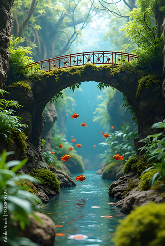 Terrarium that have 8d bridge and fish...acr bridge and have roof on top of bridge
