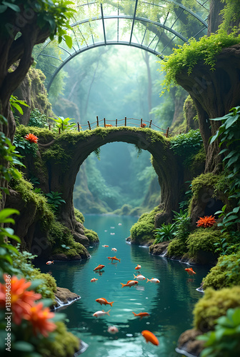 Terrarium that have 8d bridge and fish...acr bridge and have roof on top of bridge