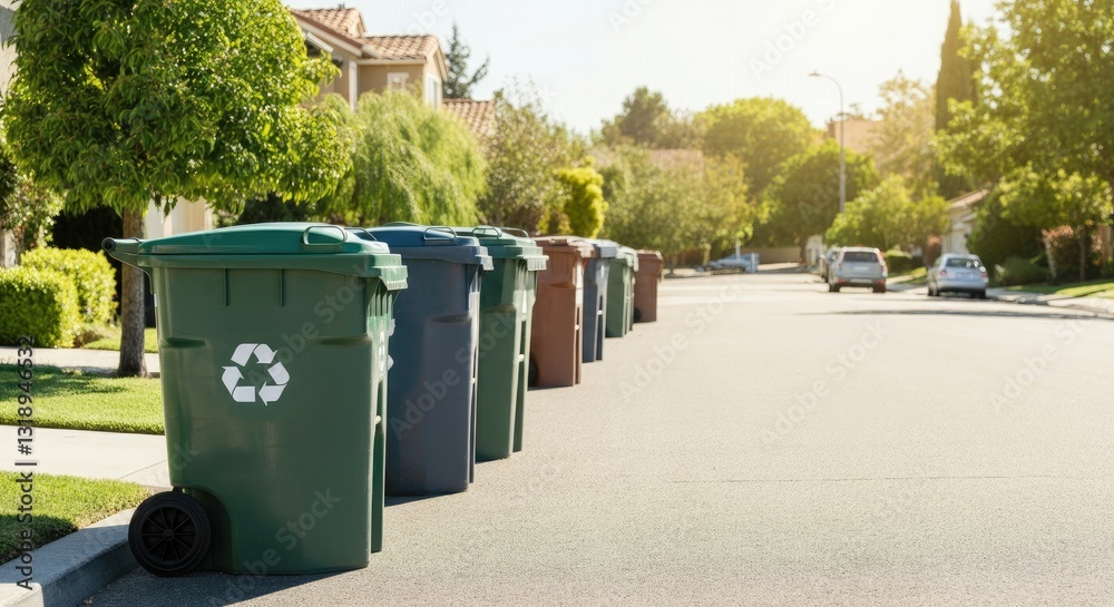 Rows of recycling and trash bins on suburban street Rows of recycling and trash bins on suburban street