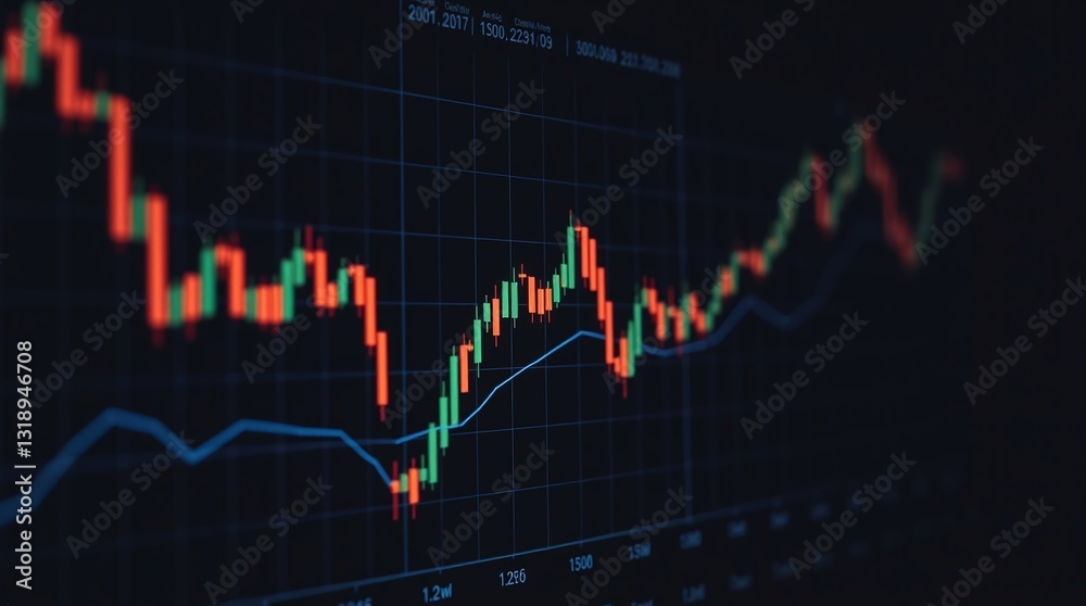 Stock Market Graph, Financial Data, Trading Chart, Blue and Red Lines, Business Analysis, Screen