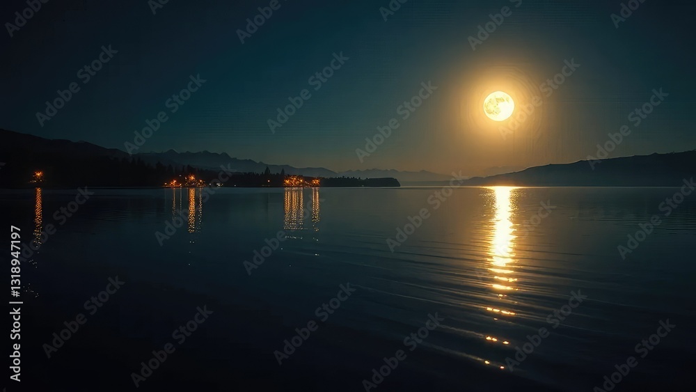 Naklejka premium Moonlit lake reflections shimmering golden light on water, night scene, moonlight, peaceful waters