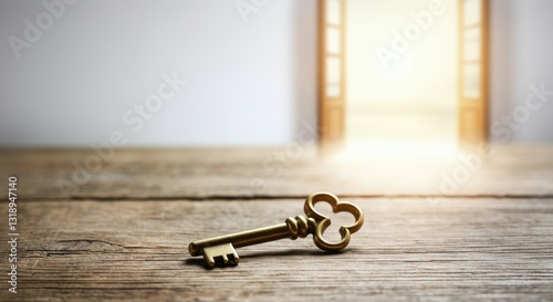 Golden key lying on wooden surface in front of open doors leading to bright light