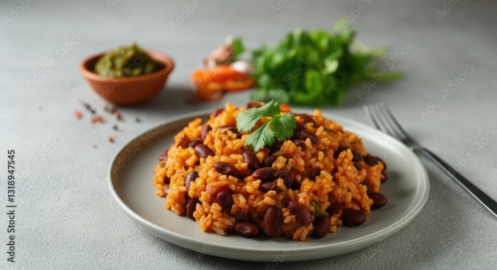 Plate of red beans and rice garnished with cilantro, salad salsa in background Plate of red beans and rice garnished with cilantro, salad salsa in background