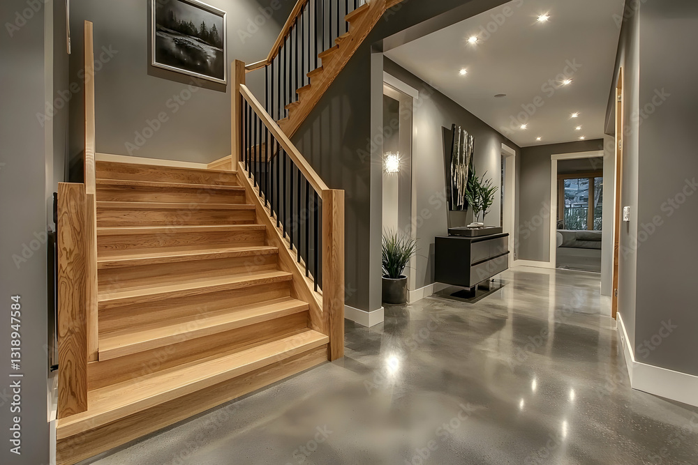 Sleek Gray Entry Hall with Wooden Handrails and Polished Concrete Floors. Sleek Gray Entry Hall with Wooden Handrails and Polished Concrete Floors.