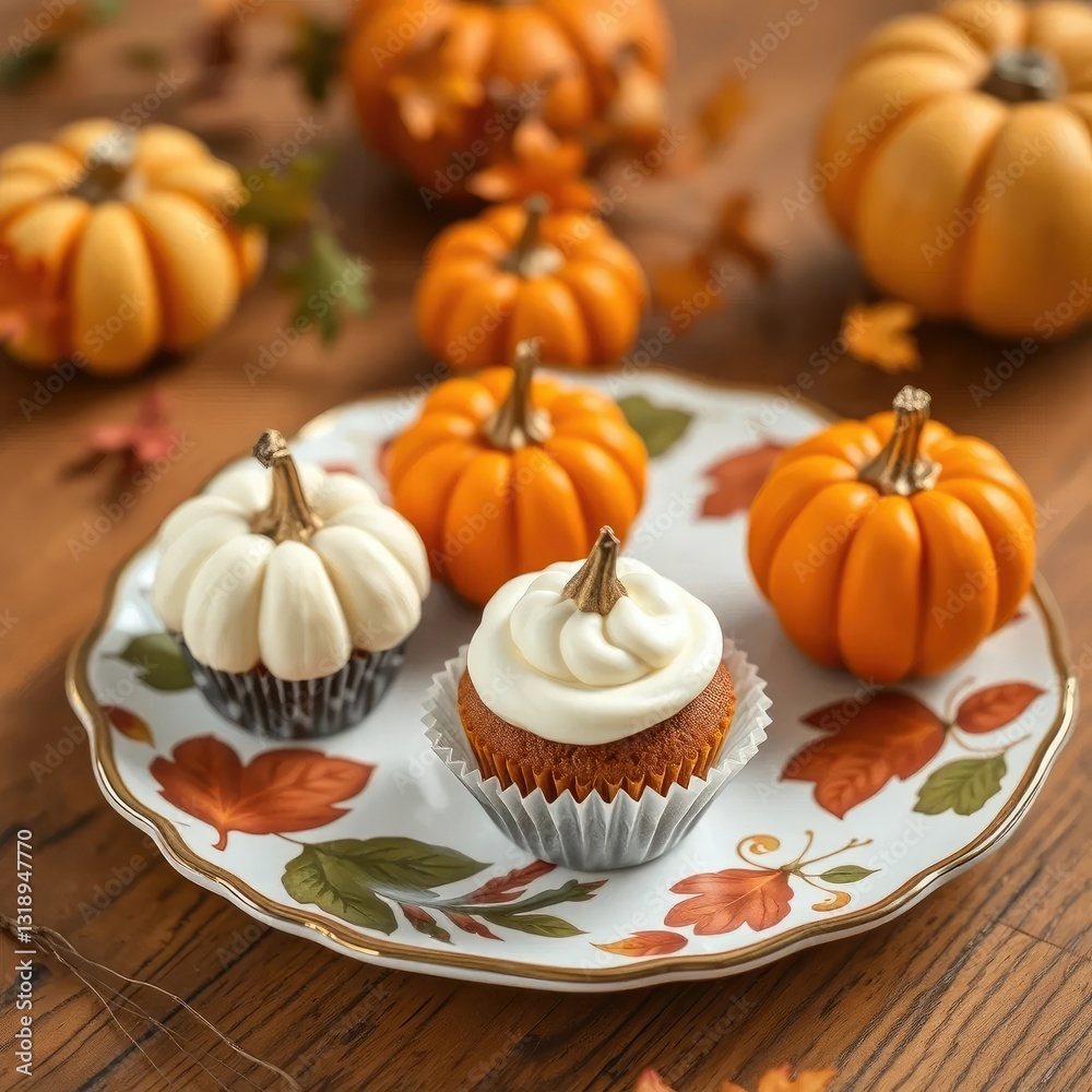 Mini pumpkins and cupcakes on a decorative plate, fall baking, mini decorations Mini pumpkins and cupcakes on a decorative plate, fall baking, mini decorations