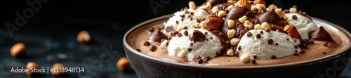 Close-up of creamy chocolate ice cream with hazelnuts chocolate chips and whipped cream. Generative AI