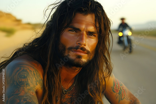 A man with long hair and tattoos sits on a road, a motorcycle in the background.  Sunset lighting