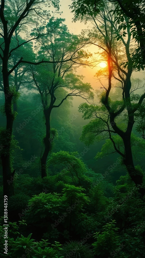 Fototapeta premium Green hues of dawn creep over a mystical forest, green, lime