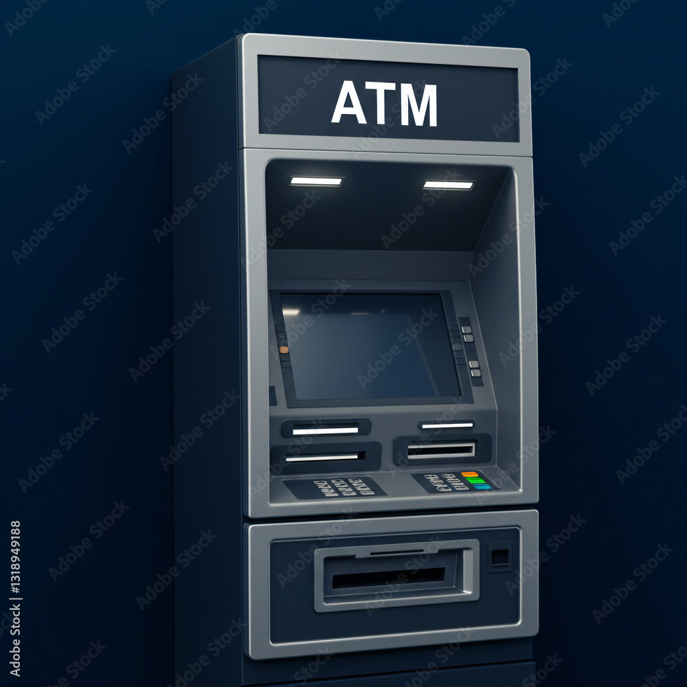 A metallic gray ATM with a digital screen and buttons. A metallic gray ATM with a digital screen and buttons.