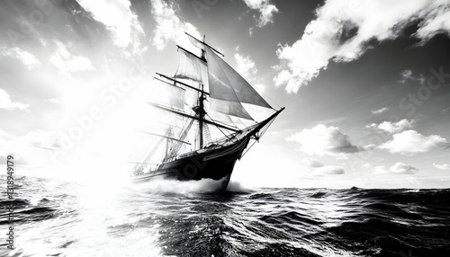 Historic sailing ship, powerful and majestic, cutting through waves under a dramatic sky