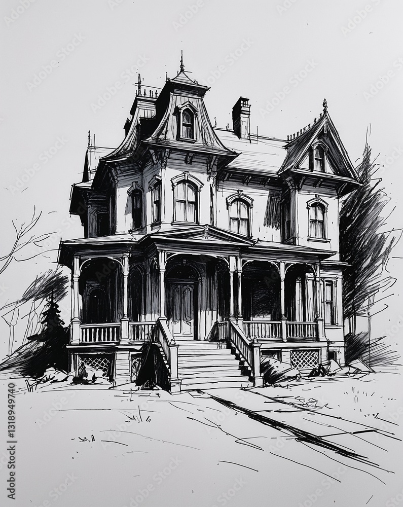 Fototapeta premium Haunted mansion building design in sketch hand drawing black and white on plain white background