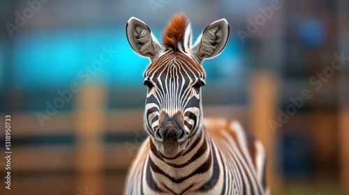 Zebra is standing in front of a fence. The zebra has a white stripe on its face and a black stripe on its neck