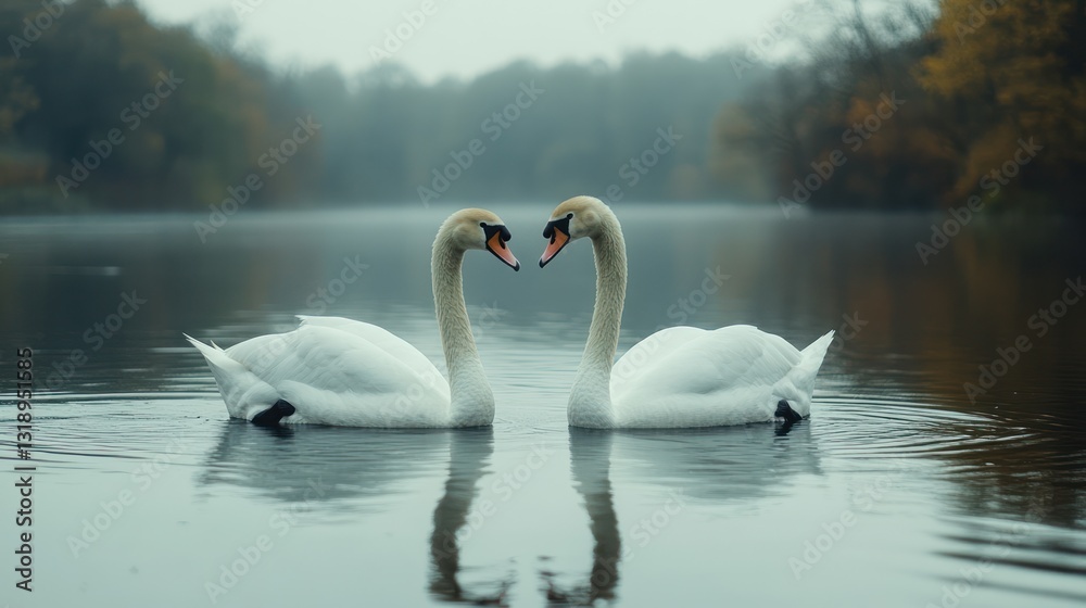 Obraz premium Two swans, heart-shaped necks, misty lake, autumn