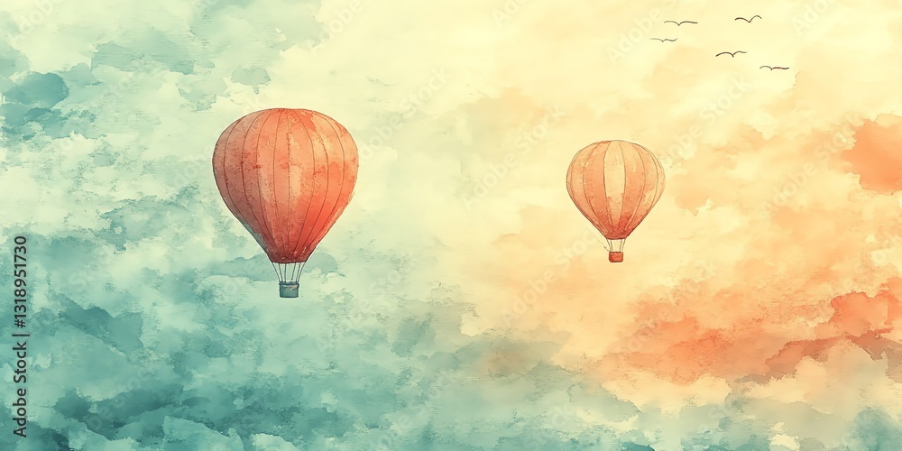 Obraz premium Serene Watercolor Hot Air Balloons Drifting in Pastel Skies