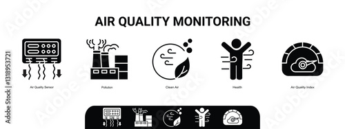 Air quality monitoring and pollution checkup icons collection set. Labeled elements with measurement sensors, clean air for healthy breathing and index for control vector illustration. 