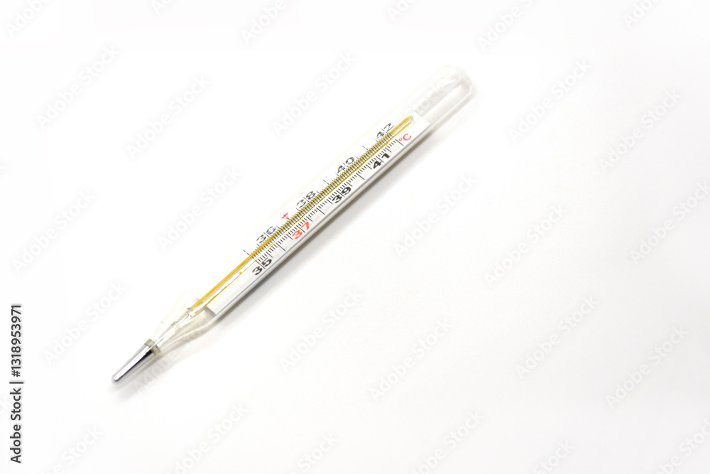 Mercury-in-glass thermometer on white background