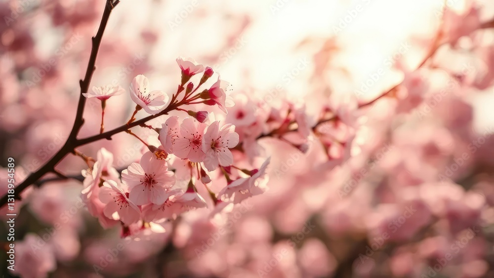 Delicate cherry blossom branches in soft focus with warm sunlight, landscape, bloom Delicate cherry blossom branches in soft focus with warm sunlight, landscape, bloom