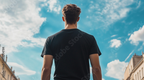 Young man in blank t-shirt mockup back used as design template, low angle shot against blue sky with clouds