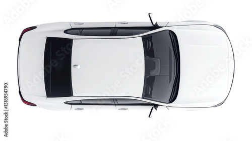 Sleek white car parked on a clean surface from above perspective