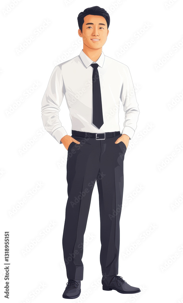 Young man in formal attire stands confidently with hands in pockets Young man in formal attire stands confidently with hands in pockets