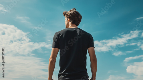 Young man in blank t-shirt mockup back used as design template, low angle shot against blue sky with clouds
