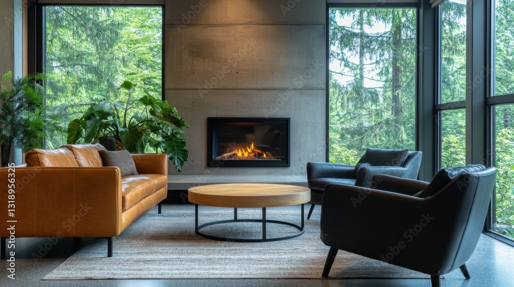 Fototapeta premium Sala de estar moderna con chimenea y plantas