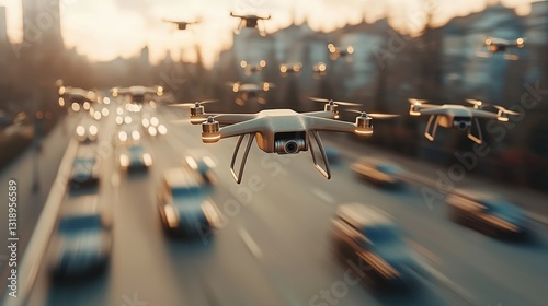 Fototapeta Naklejka Na Ścianę i Meble -  Drones flying over a busy city street at sunset.