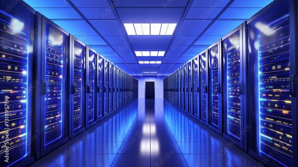 Fototapeta premium Glowing server racks in a modern data center, showcasing advanced technology and digital infrastructure. 
