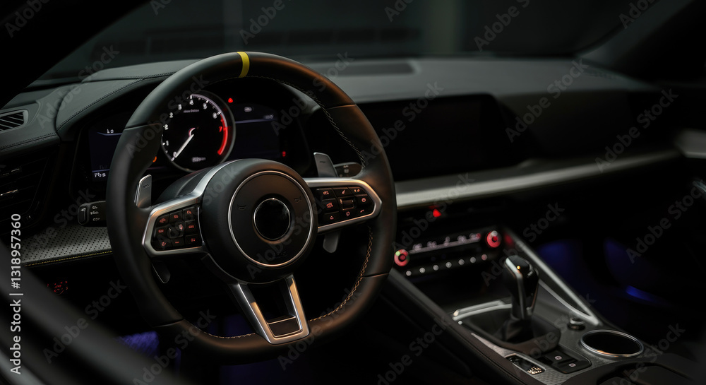 Obraz premium Luxurious car interior showcasing modern steering wheel, dashboard, and gear shift
