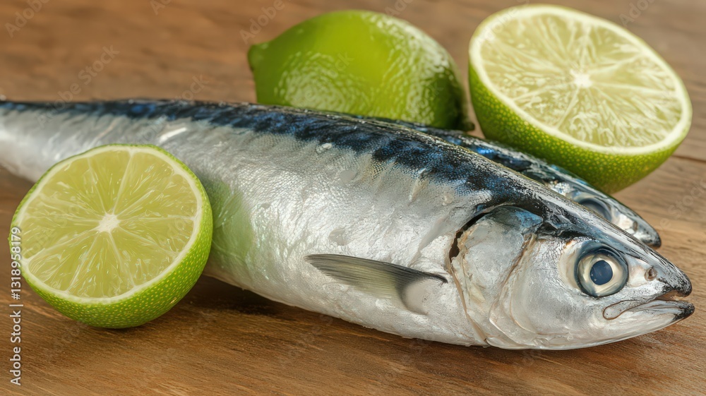 Fresh Mackerel with Lime Wedges on Wooden Board Fresh Mackerel with Lime Wedges on Wooden Board