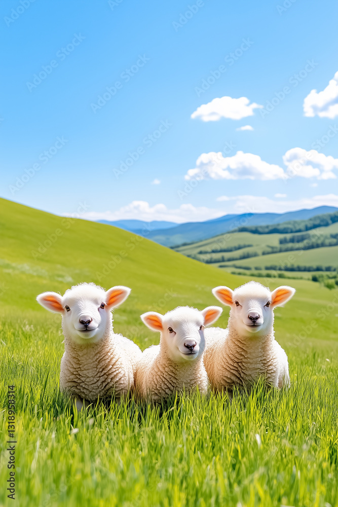 Fototapeta premium Soft white lambs playfully leap and romp across a vibrant grassy field, their fur gleaming under a clear blue sky with fluffy clouds. A picturesque rural scene unfolds